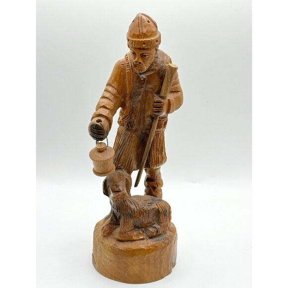 Vintage Hand Carved Wooden Figurine Sheep Herder With Lantern And Sheep Flaw - Picture 1 of 7
